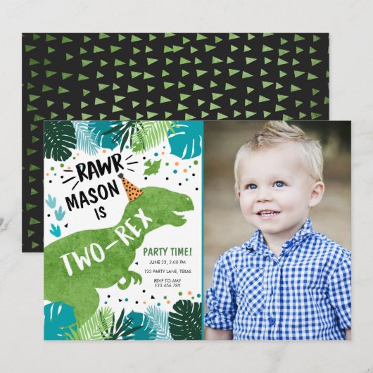 恐竜2レックスTレックスRAWR第2誕生日 招待状 (正面/裏面)