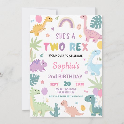 恐竜2番目の誕生日招待状、編集可能2レックス 招待状 (正面)