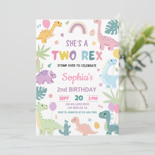 恐竜2番目の誕生日招待状、編集可能2レックス 招待状 (スタンド正面)
