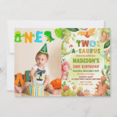 恐竜2-A-Saurus緑2番目の誕生日の写真 招待状 (正面)