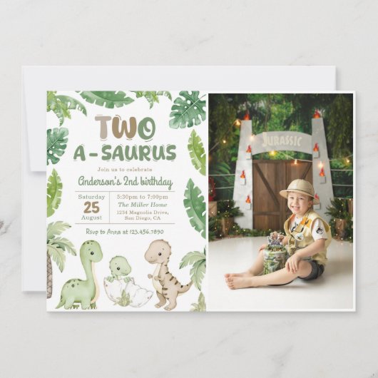 恐竜2-A-Saurus 2番目の誕生日パーティー写真 招待状 (正面)
