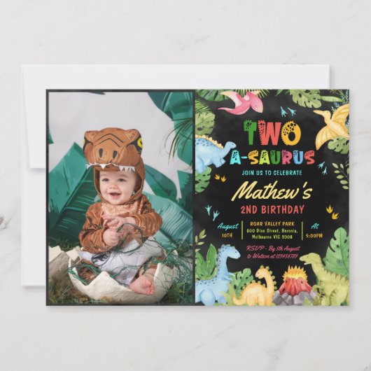 恐竜2-A-Saurus 2番目の誕生日パーティー写真 招待状 (正面)