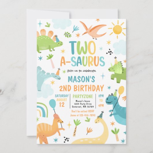 恐竜2-A-Saurus 2番目の誕生日パーティー 招待状 (正面)