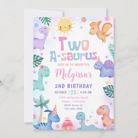 恐竜2-A-Saurus 2番目の誕生日パーティー 招待状 (正面)