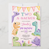 恐竜2nd誕生日ガールかわいい二人A-saurusパーティー 招待状 (正面)