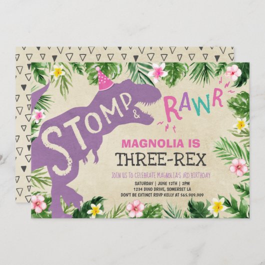 恐竜3レックス誕生日招待状ガールディノ 招待状 (正面/裏面)