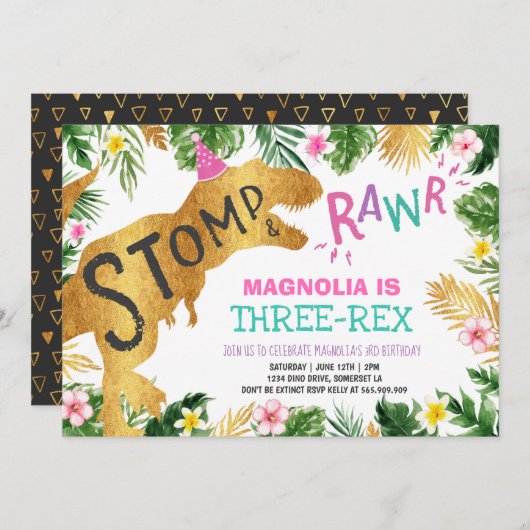 恐竜3レックス誕生日招待状ガールディノ 招待状 (正面/裏面)