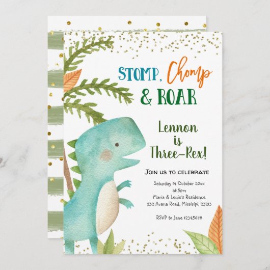 恐竜3レックス誕生日招待状 招待状 (正面/裏面)