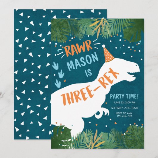 恐竜3レックスTレックスRAWR第3誕生日 招待状 (正面/裏面)
