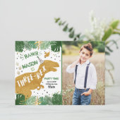 恐竜3レックスTレックスRAWR金ゴールドボーイ誕生日 招待状 (スタンド正面)