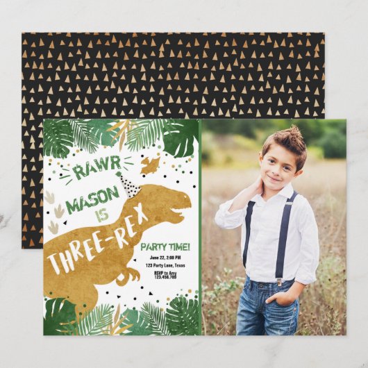 恐竜3レックスTレックスRAWR金ゴールドボーイ誕生日 招待状 (正面/裏面)