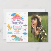 恐竜3人のレックスかわいい女の子ピンクのパーティー写真 招待状 (正面)