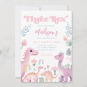 恐竜3人レックスガールピンク3歳パーティー 招待状 (正面)