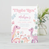 恐竜3人レックスガールピンク3歳パーティー 招待状 (スタンド正面)