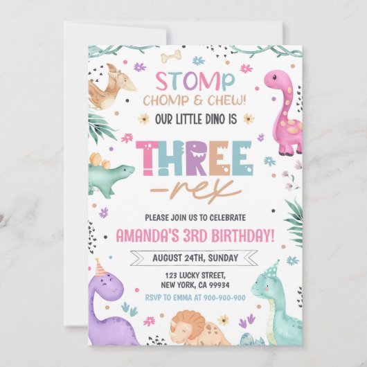 恐竜3位の誕生日招待状女の子の恐竜3 招待状 (正面)
