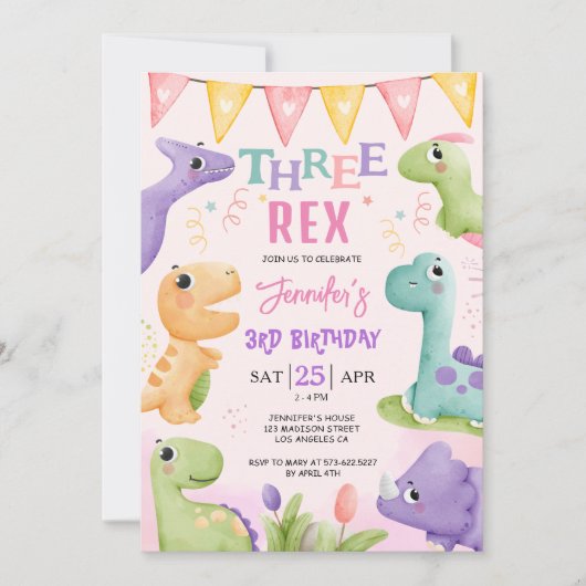 恐竜3位バースデーガールかわいい3人のレックス誕生日 招待状 (正面)