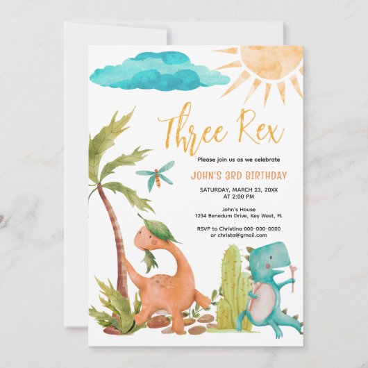 恐竜3歳のレックス誕生日パーティーの招待状 招待状 (正面)