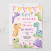 恐竜3歳の誕生日かわいい三つのA-Saurusパーティー 招待状 (正面)