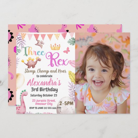 恐竜3歳の誕生日3人のレックス写真ガール 招待状 (正面/裏面)