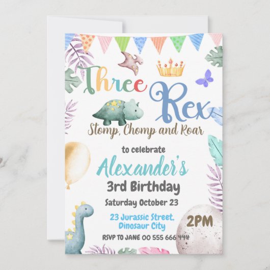 恐竜3歳の誕生日3歳のレックス少年招待状 招待状 (正面)