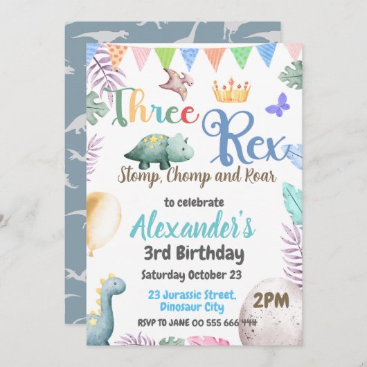 恐竜3歳の誕生日3歳のレックス少年招待状 招待状 (正面/裏面)
