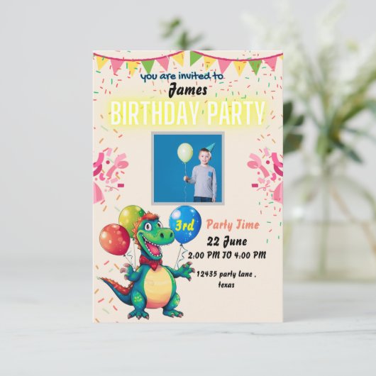 恐竜3歳レックス3歳パーティの招待状 サンキューカード (スタンド正面)
