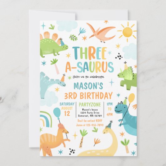 恐竜3A-Saurus 3番目の誕生日パーティー 招待状 (正面)