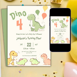 恐竜4個バルーン 4歳の誕生日パーティーの招待状 招待状