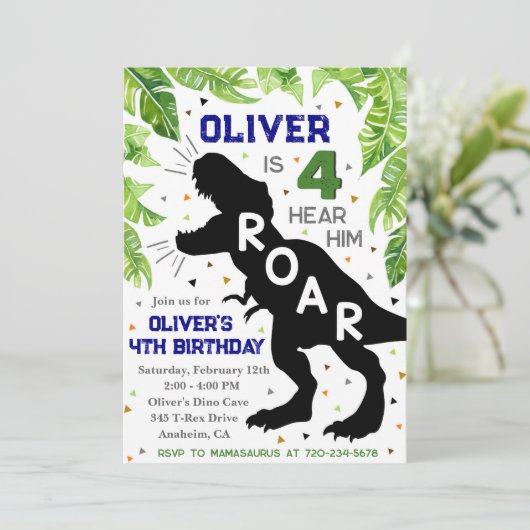 恐竜4歳の誕生日、4人が彼の轟音を聞く招待状 招待状 (スタンド正面)