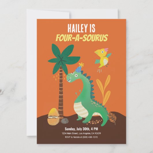 恐竜4-A-Saurusキッズ4誕生日招待状 招待状 (正面)