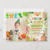 恐竜4-A-Saurus緑4歳の誕生日の写真 招待状 (正面)