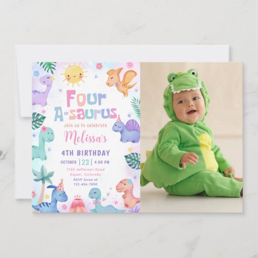 恐竜4-A-Saurus 4歳の誕生日の写真 招待状 (正面)