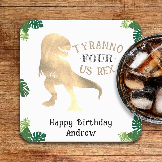 恐竜4th誕生日パーティー金ゴールドティラノサウルスレックス スクエアペーパーコースター