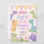 恐竜4th誕生日ピンクかわいいディノ–4パーティー 招待状 (正面)