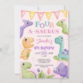 恐竜4th誕生日ピンクかわいい四A-saurus 招待状 (正面)