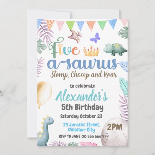 恐竜5歳の誕生日パーティー　ファイブ・ア・サウルス・パーティー 招待状 (正面)