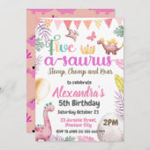 恐竜5番目の誕生日ガールFive A-Saurusパーティー 招待状 (正面/裏面)