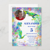 恐竜5誕生日Tカラフルレックス写真インビタ インビテーションポストカード (正面/裏面)