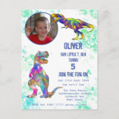 恐竜5誕生日Tレックス少年の写真カラフル インビテーションポストカード (正面)