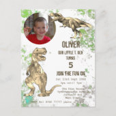 恐竜5th誕生日パーティーTレックス少年フォトグリーン インビテーションポストカード (正面)