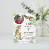 恐竜5th誕生日パーティーTレックス少年フォトグリーン インビテーションポストカード (スタンド正面)