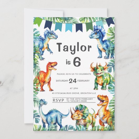 恐竜6誕生日 招待状 (正面)