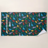 恐竜7種のシルエットパターン ビーチタオル (正面)