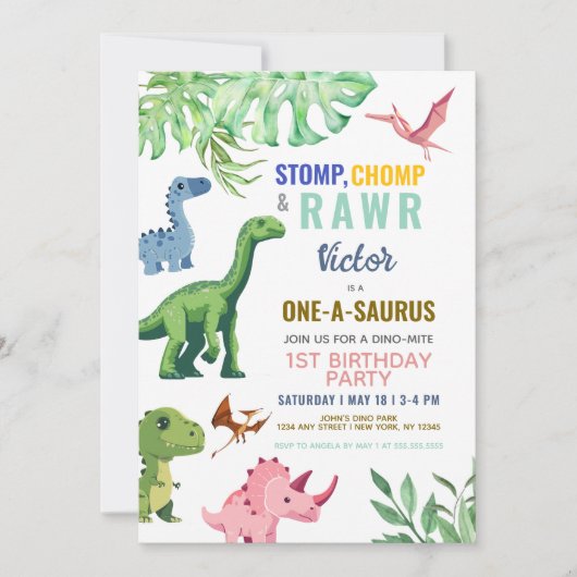 恐竜 カラフル かわいい 1歳の誕生日 招待状 (正面)