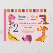 恐竜 キッズ 誕生日 女の子 ピンク どんな年齢も一緒にパーティ 招待状 (正面/裏面)