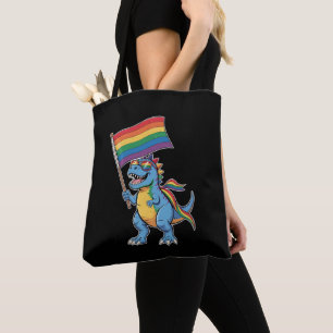 恐竜 ティラノサウルス ゲイ プライド LGBTQ 支援者 レインボーフラッグ トートバッグ