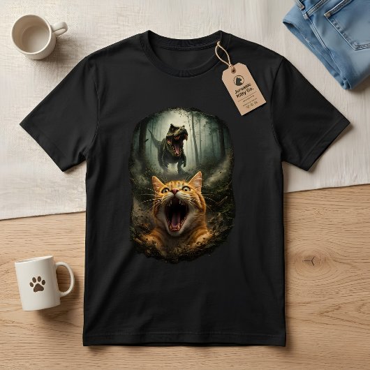 恐竜 ティラノサウルス 吠えるネコ Tシャツ