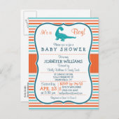 恐竜；ティール（緑がかった色）&オレンジストライプ色の赤ちゃんシャワー インビテーションポストカード (正面/裏面)