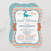 恐竜；ティール（緑がかった色）&オレンジストライプ色の赤ちゃんシャワー 招待状 (正面/裏面)