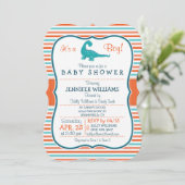 恐竜；ティール（緑がかった色）&オレンジストライプ色の赤ちゃんシャワー 招待状 (スタンド正面)